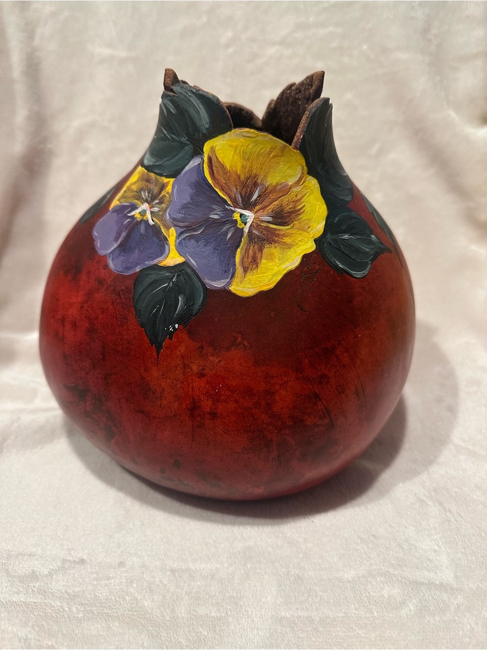 Folk Art Hand Painted Gourd Handmade Flowers Red Floral Vase Planter Decor Bold